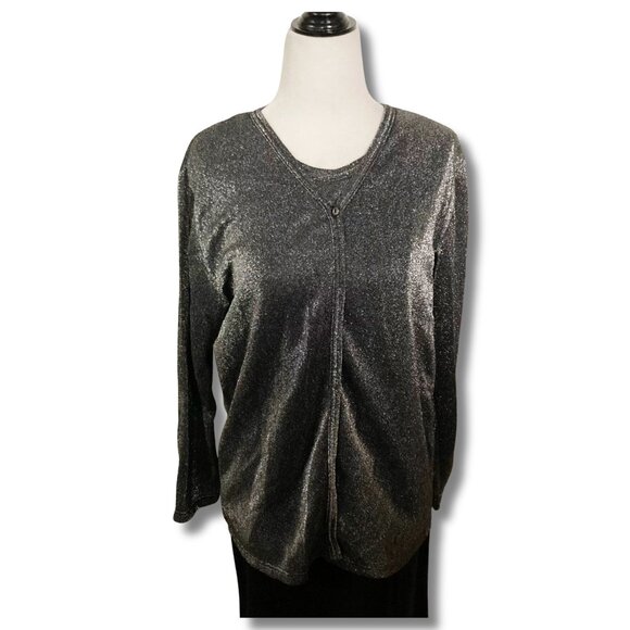 TRADITION Dark silver grey metallic faux twin set top ~ MEDIUM LARGE "cardigan" - Picture 3 of 14